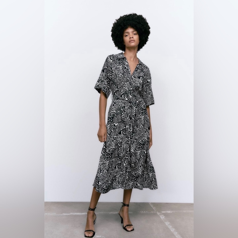 Zara Black and White Paisley Midi Dress